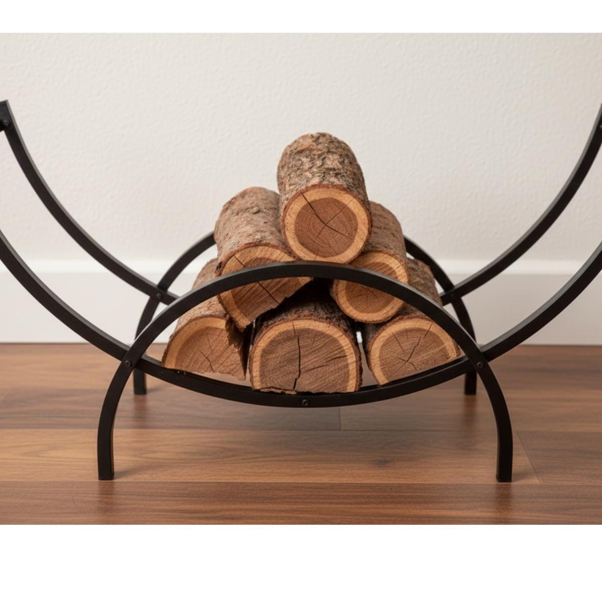 Curved log holder firewood rack with metal frame for indoor storage