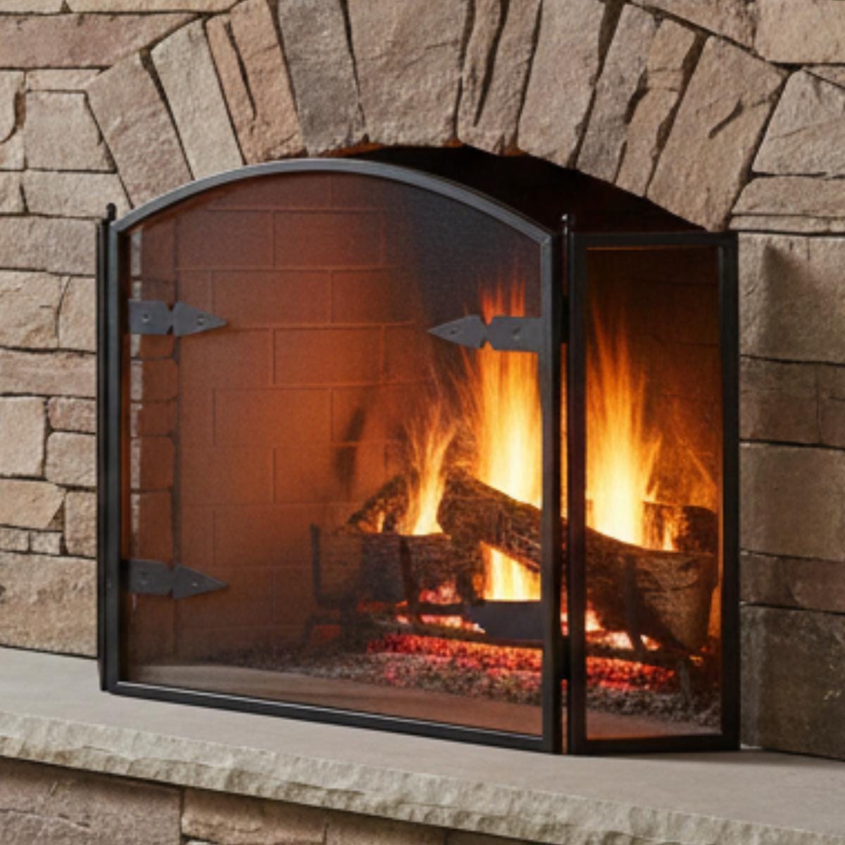 Decorative arched fireplace screen black metal mesh fire guard