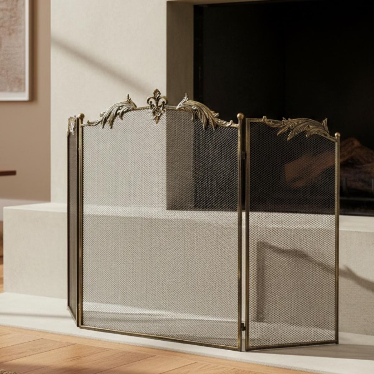 Decorative fireplace screen black metal mesh elegant fire guard
