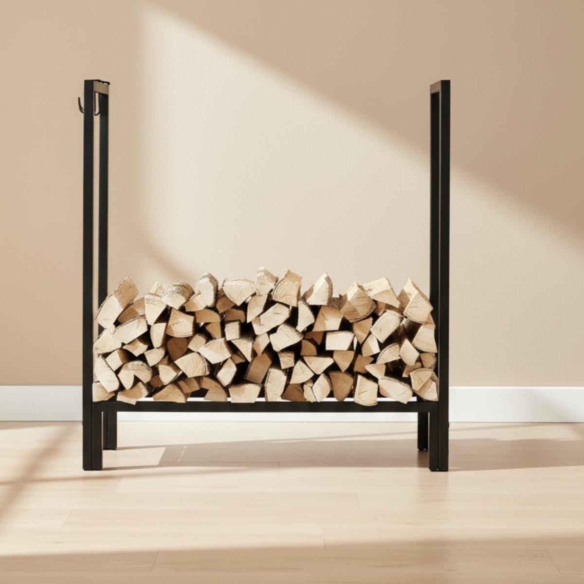 Decorative firewood holder in black metal adding style to home interior space