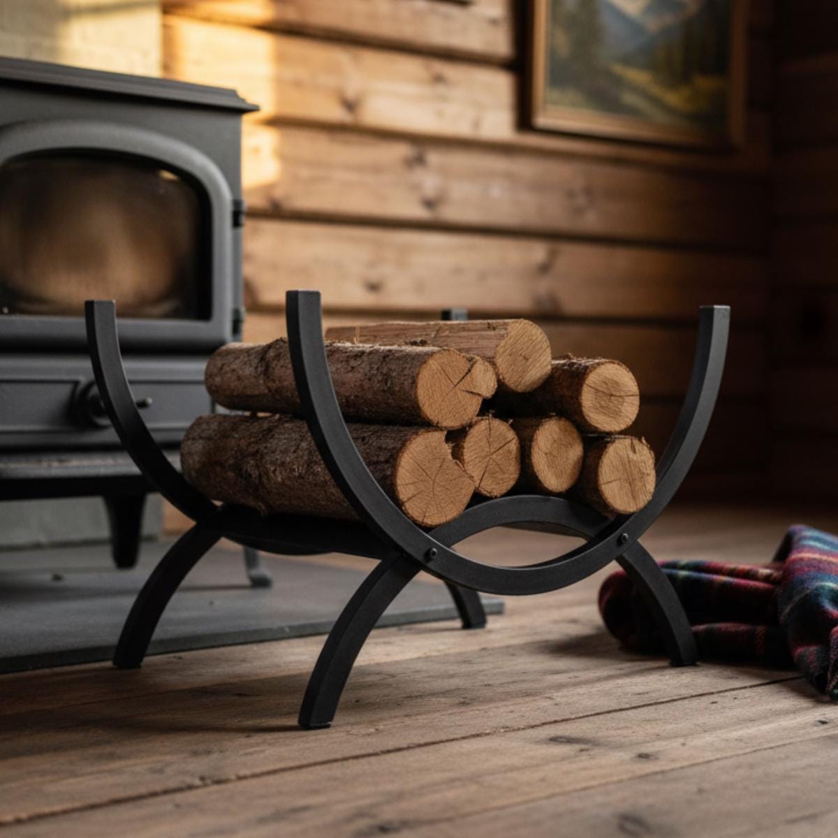 Decorative firewood holder with curved frame used in fireplace setting for stylish storage