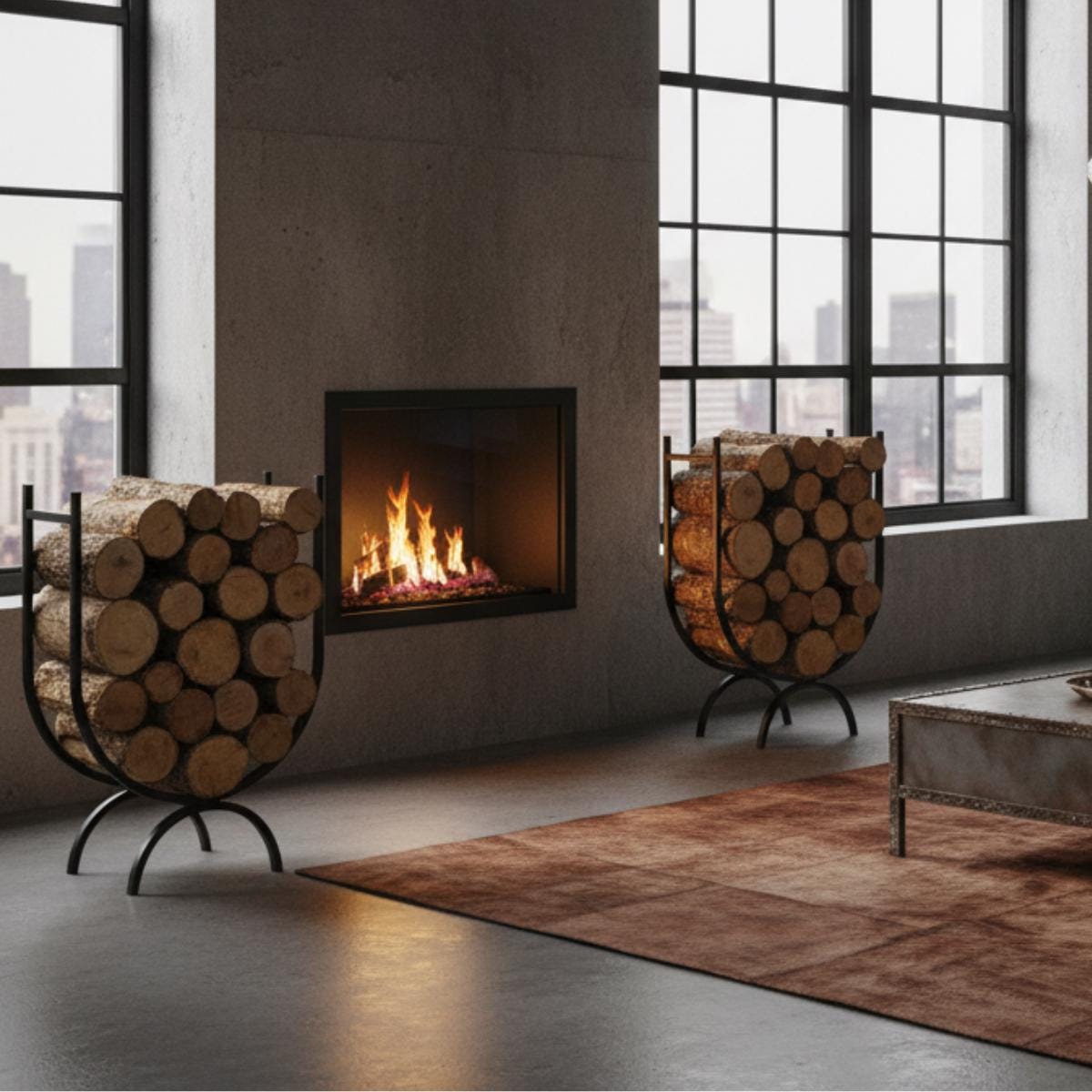 Decorative firewood holder with vertical metal frame used as log stand