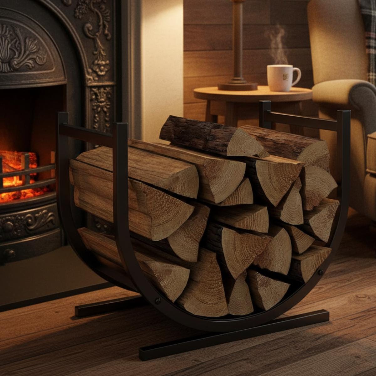 Curved Log Holder – Matte Black Steel Fireplace Rack