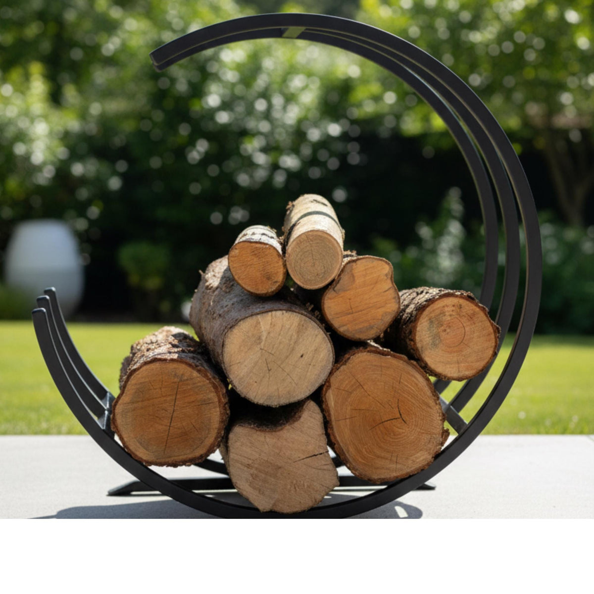 Decorative firewood rack with circular design made from metal for elegant indoor log storage