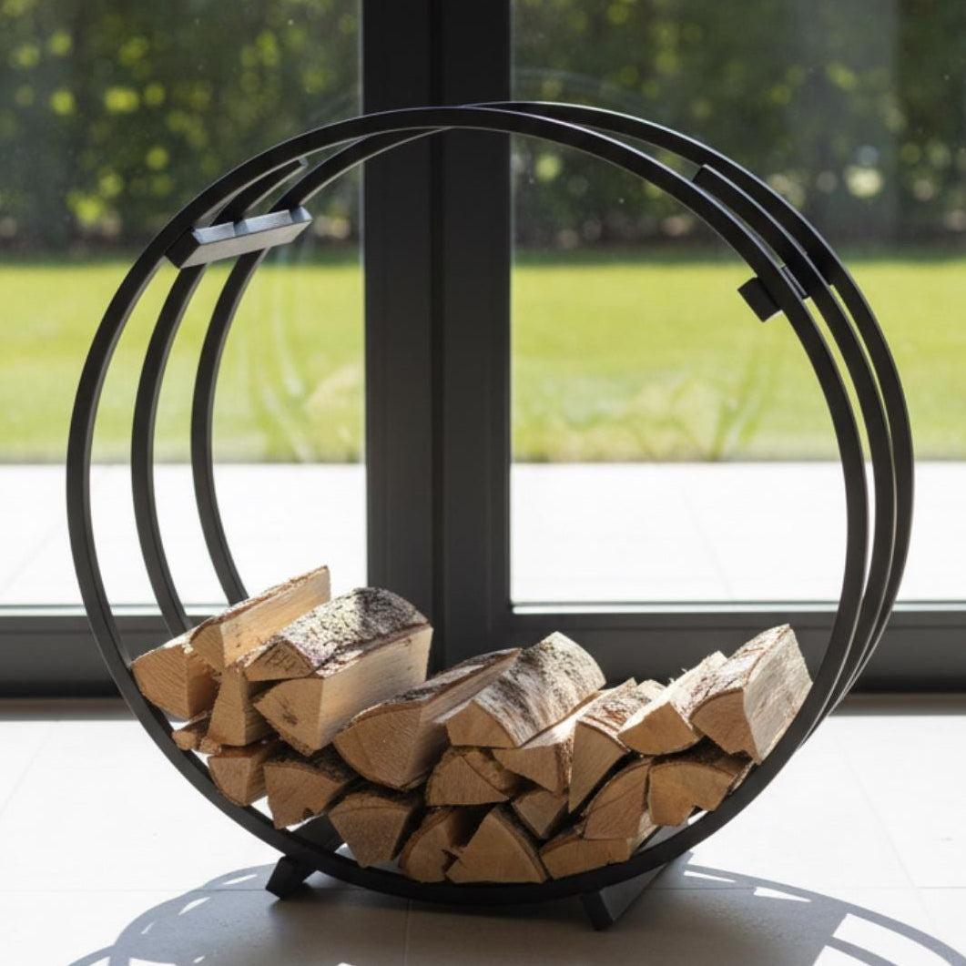 Decorative firewood rack circular metal log holder used as modern home decor