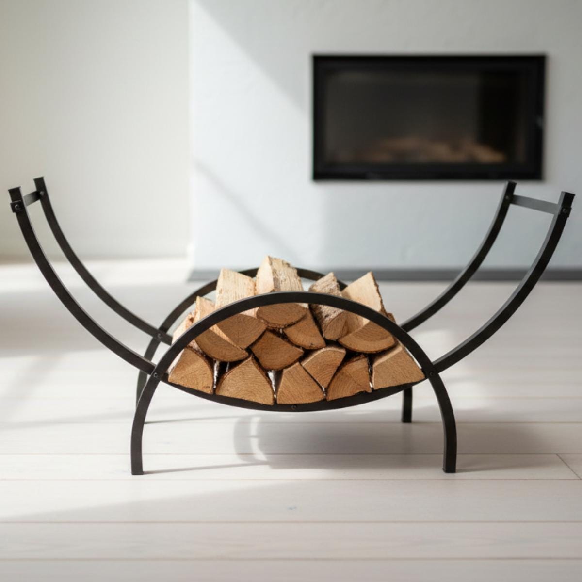 Decorative firewood rack curved metal log holder used as home decor