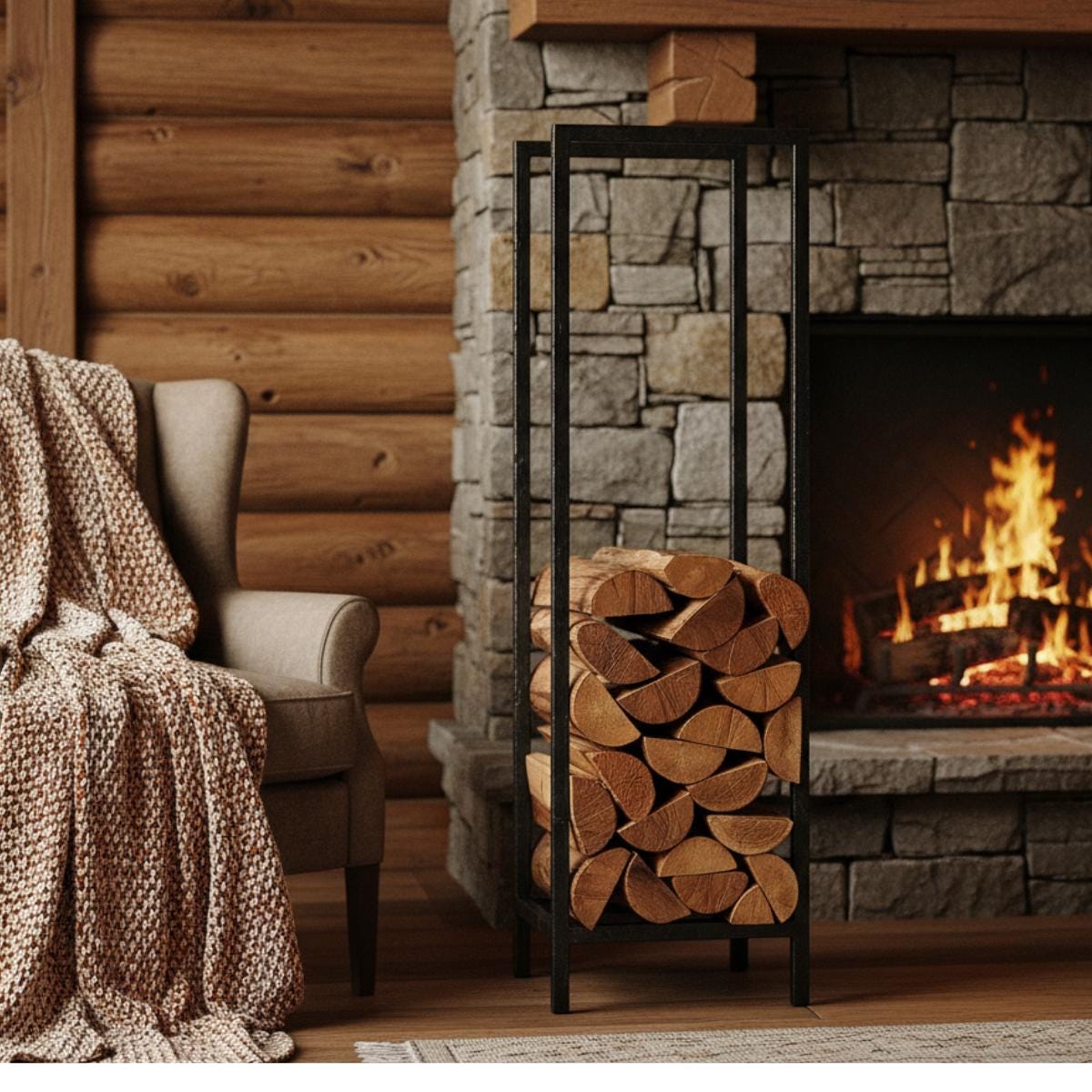 Fireplace side firewood rack vertical black metal log holder, modern indoor firewood storage for living room, freestanding steel log rack for fireplace wood organization