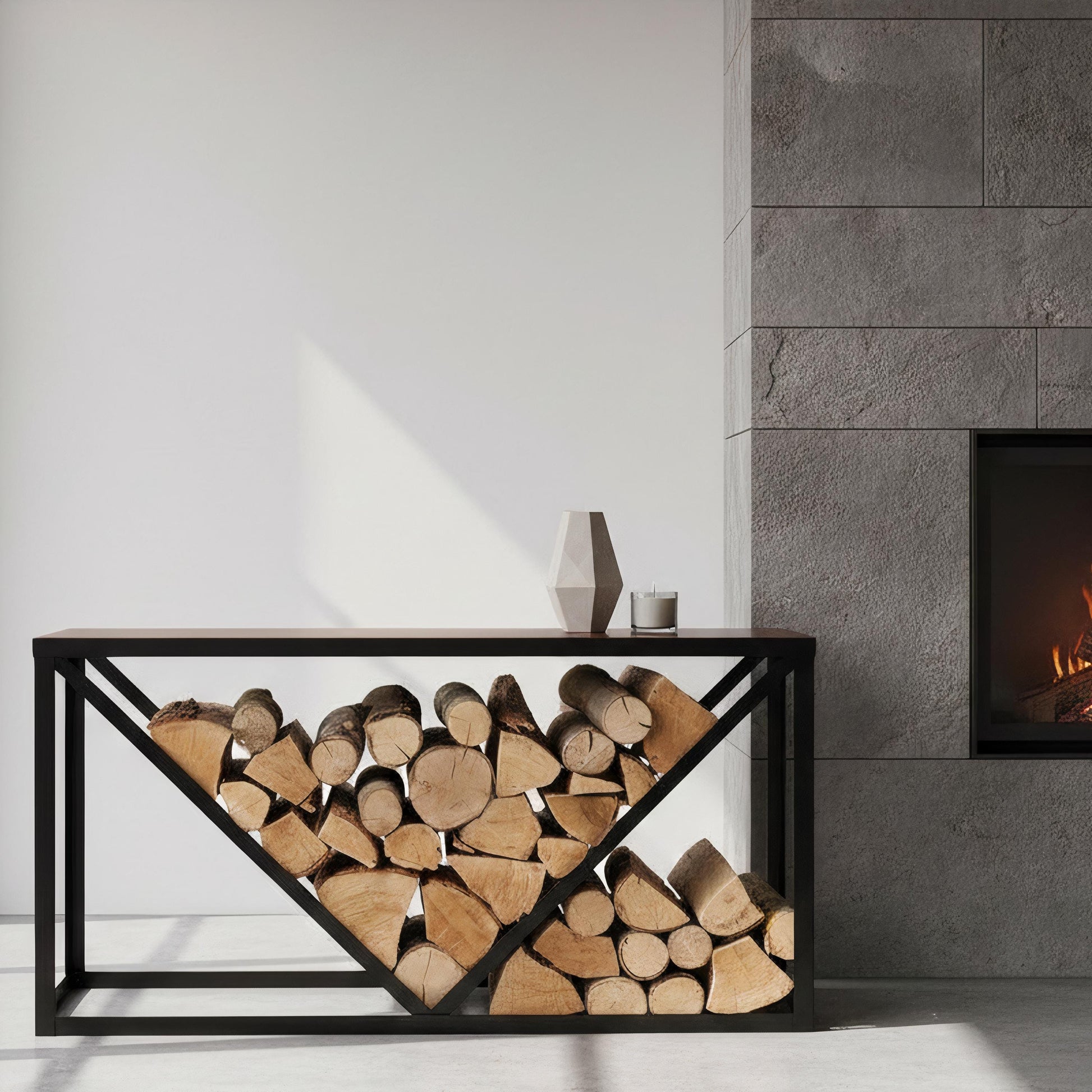 Decorative firewood rack table with metal frame and wood top for stylish storage