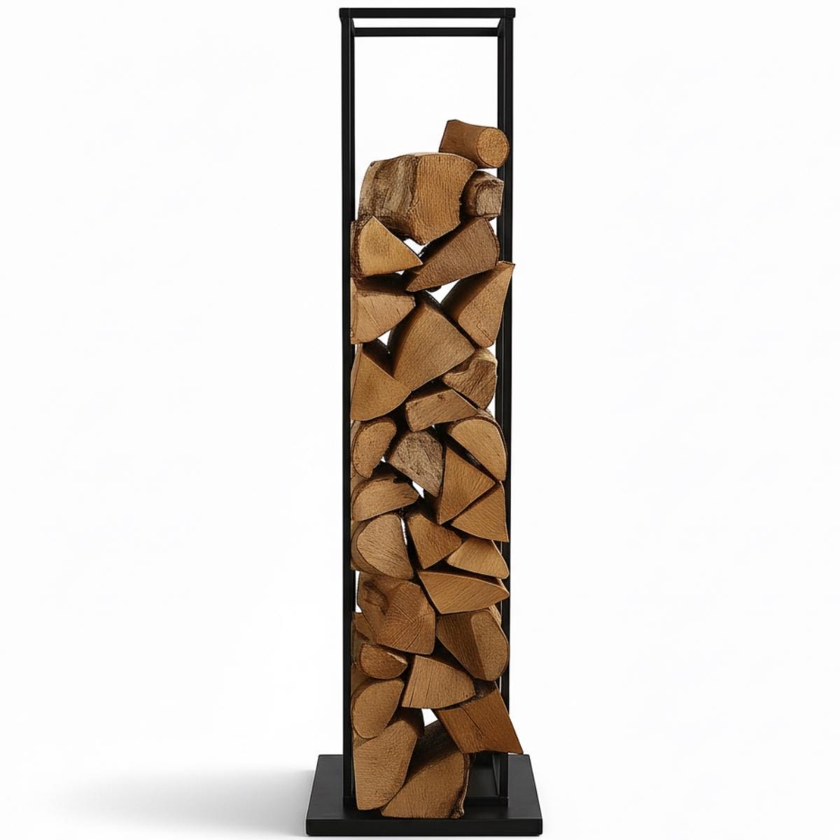 Tall vertical firewood rack black metal indoor log holder, modern space saving firewood storage for living room, freestanding steel log rack for fireplace wood organization