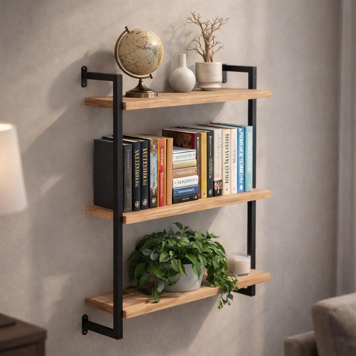 Decorative wall shelf wood metal 3 tier for home decor