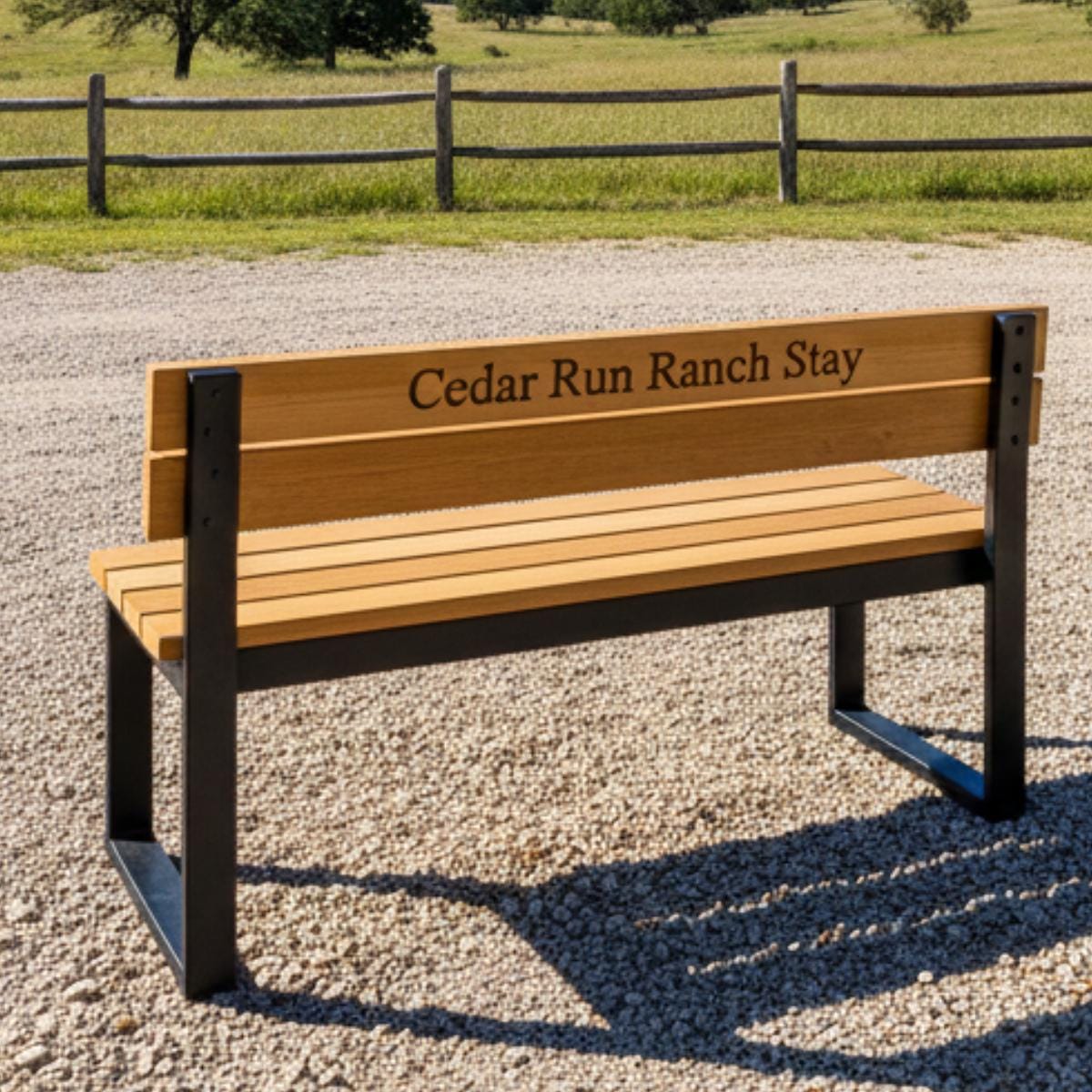 Engraved bench outdoor wood slat metal garden seating with custom text