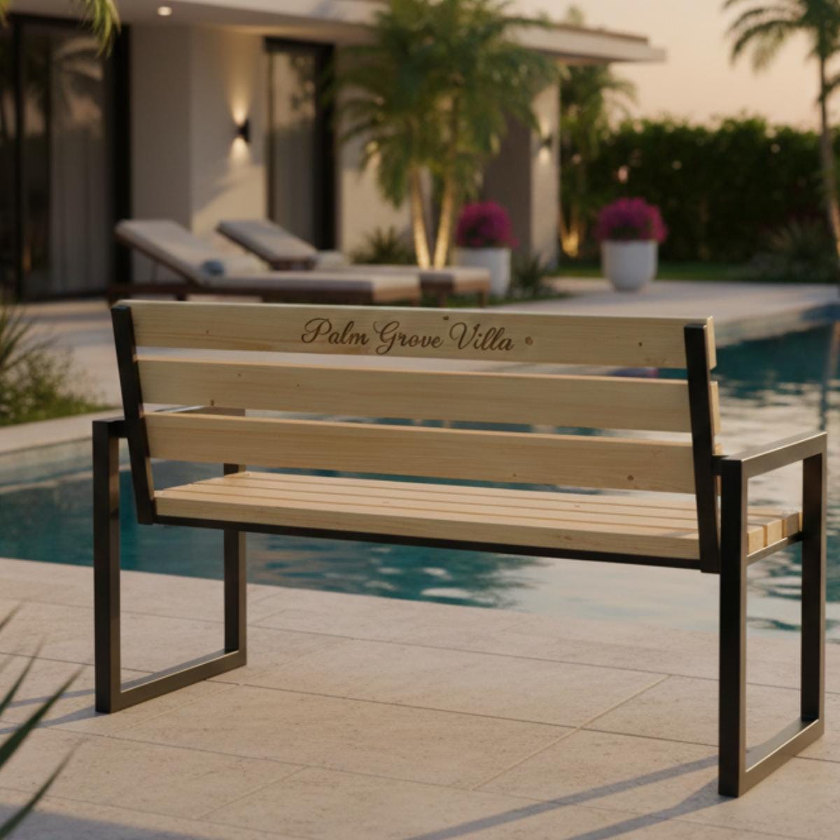 Engraved park bench with wood slats and metal frame for outdoor use