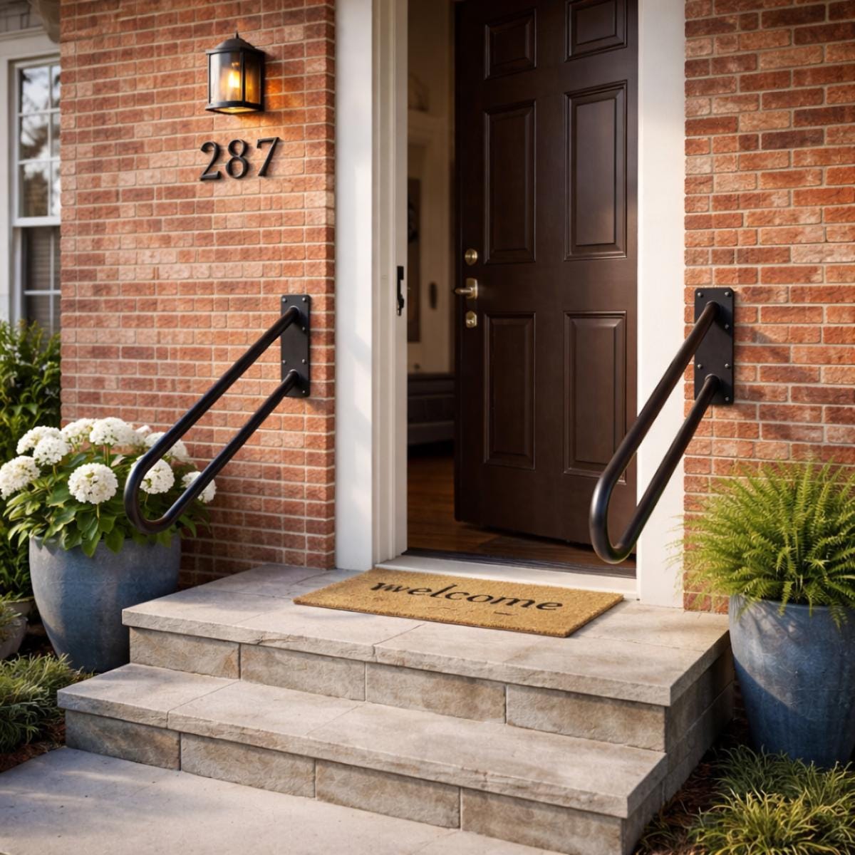 Entry step handrail set black metal outdoor support