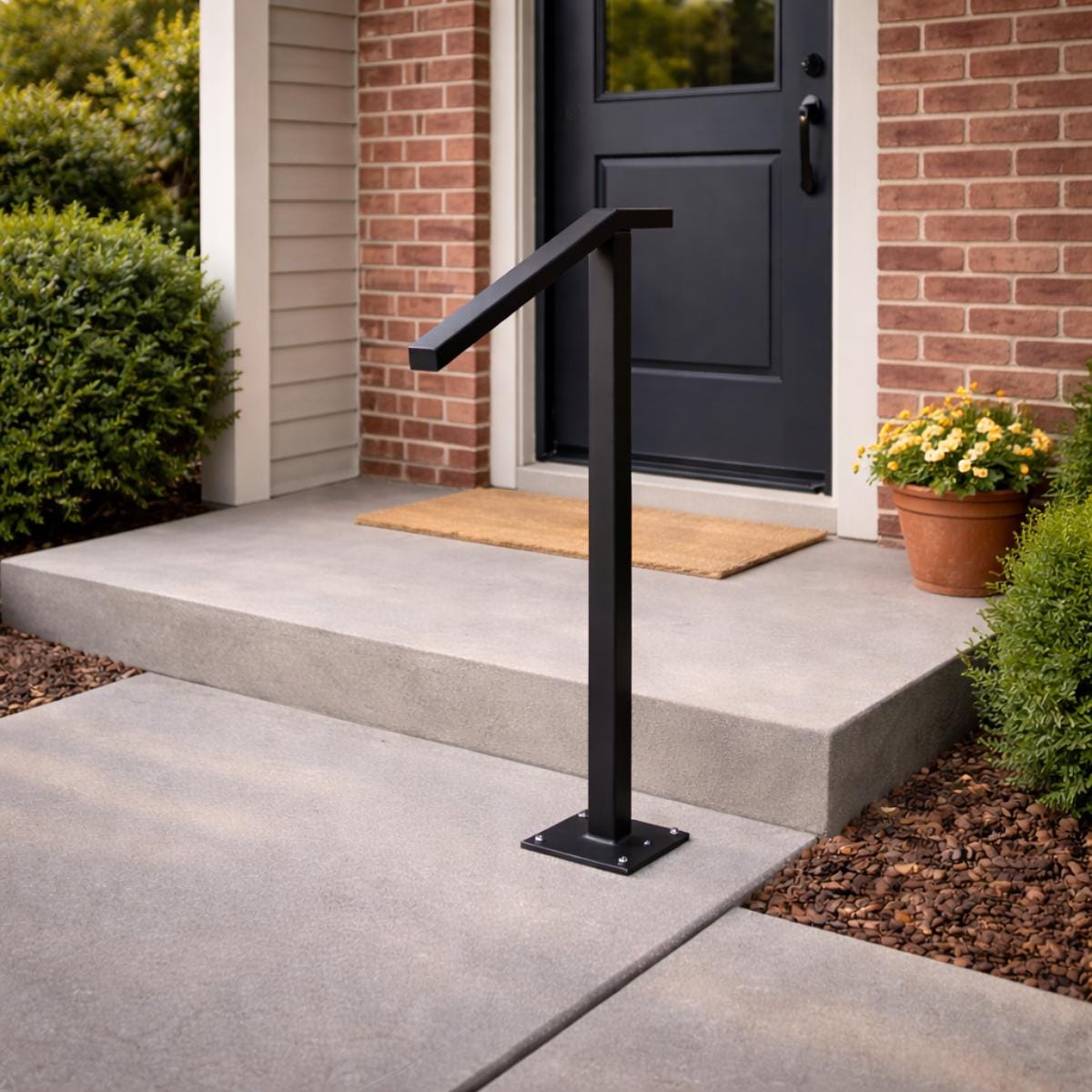 Exterior handrail black metal single post stair support rail