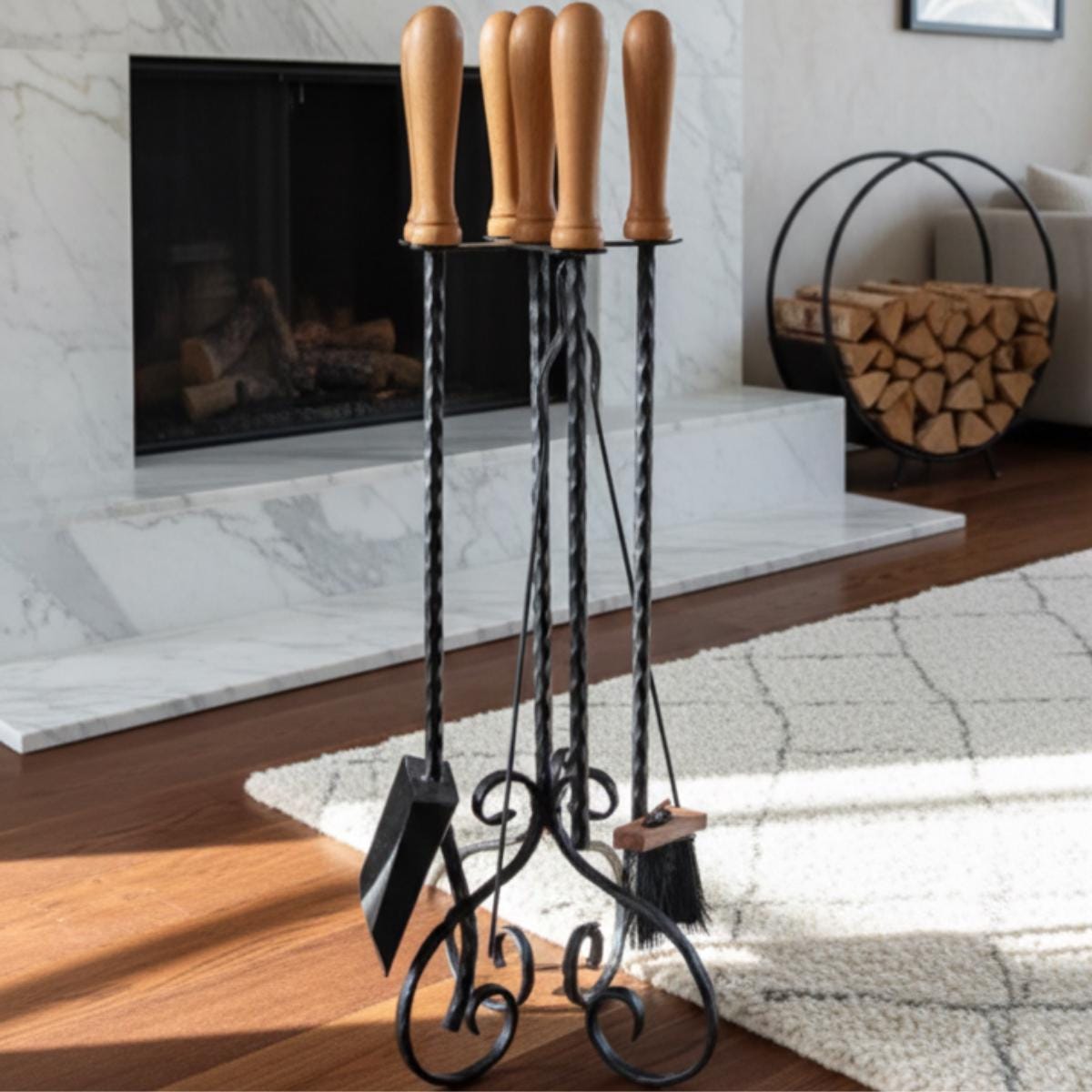 Hand Forged Iron Fireplace Tool Set – Rustic Wooden Handles, 5 Piece