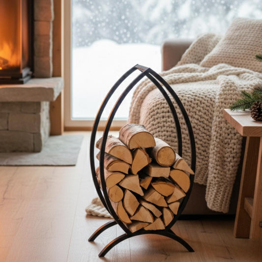 Fire pit firewood holder metal log rack used on patio for outdoor wood storage
