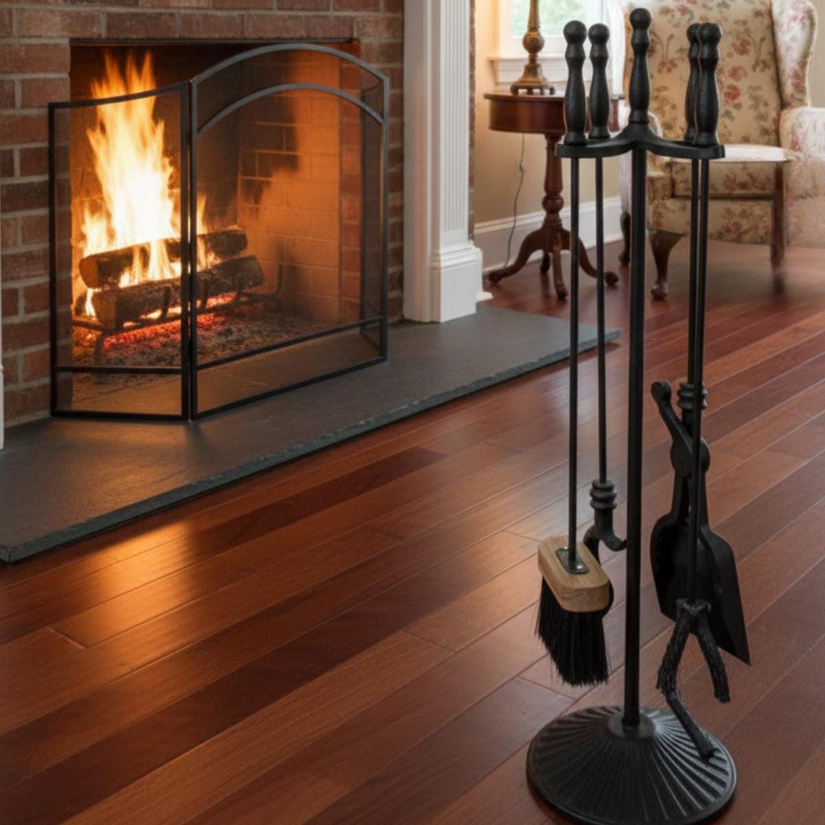 Fireplace accessories set metal stand with poker and brush for fire maintenance