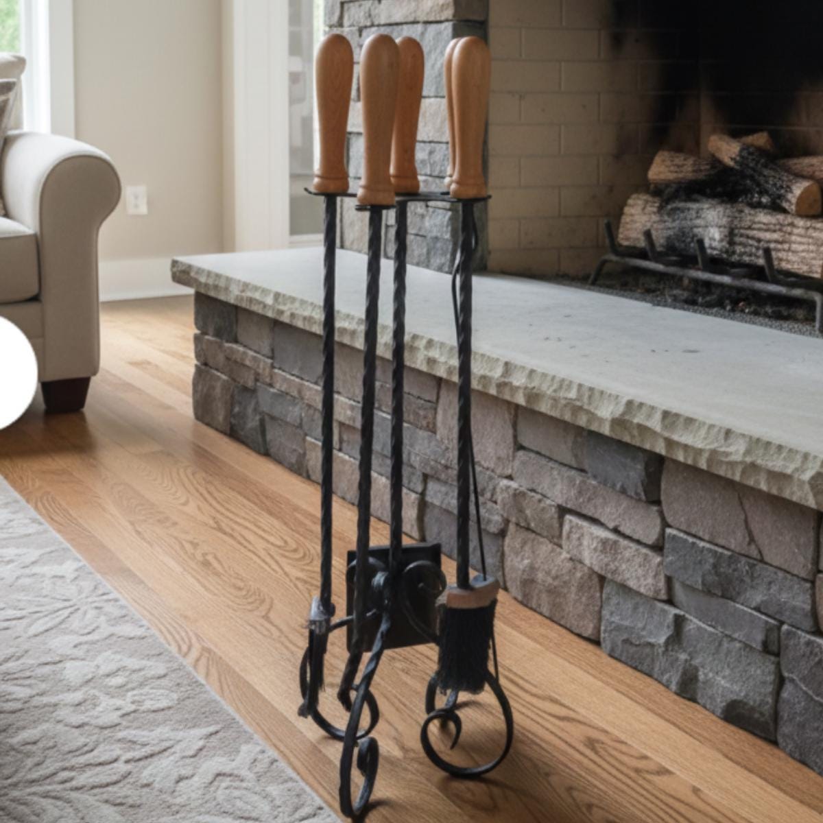 Decorative fireplace tool set wrought iron with wood handles for home decor