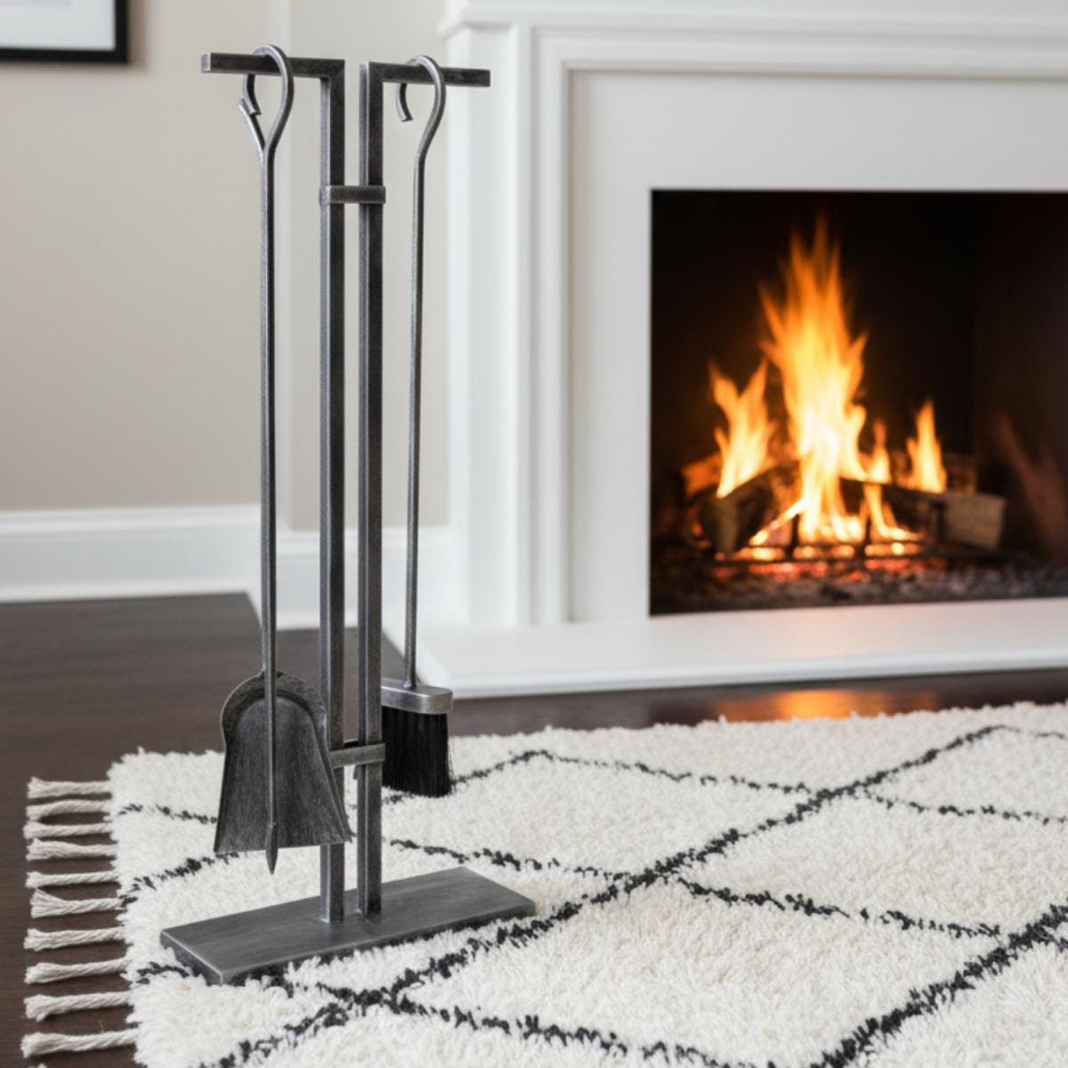 Fireplace cleaning tools set steel poker brush and shovel with stand