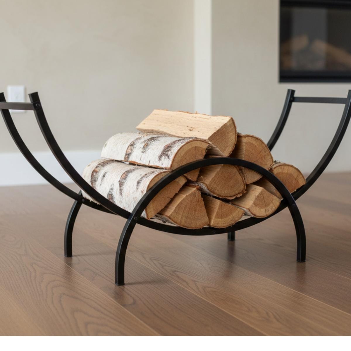 Fireplace firewood rack curved metal log holder with stacked logs