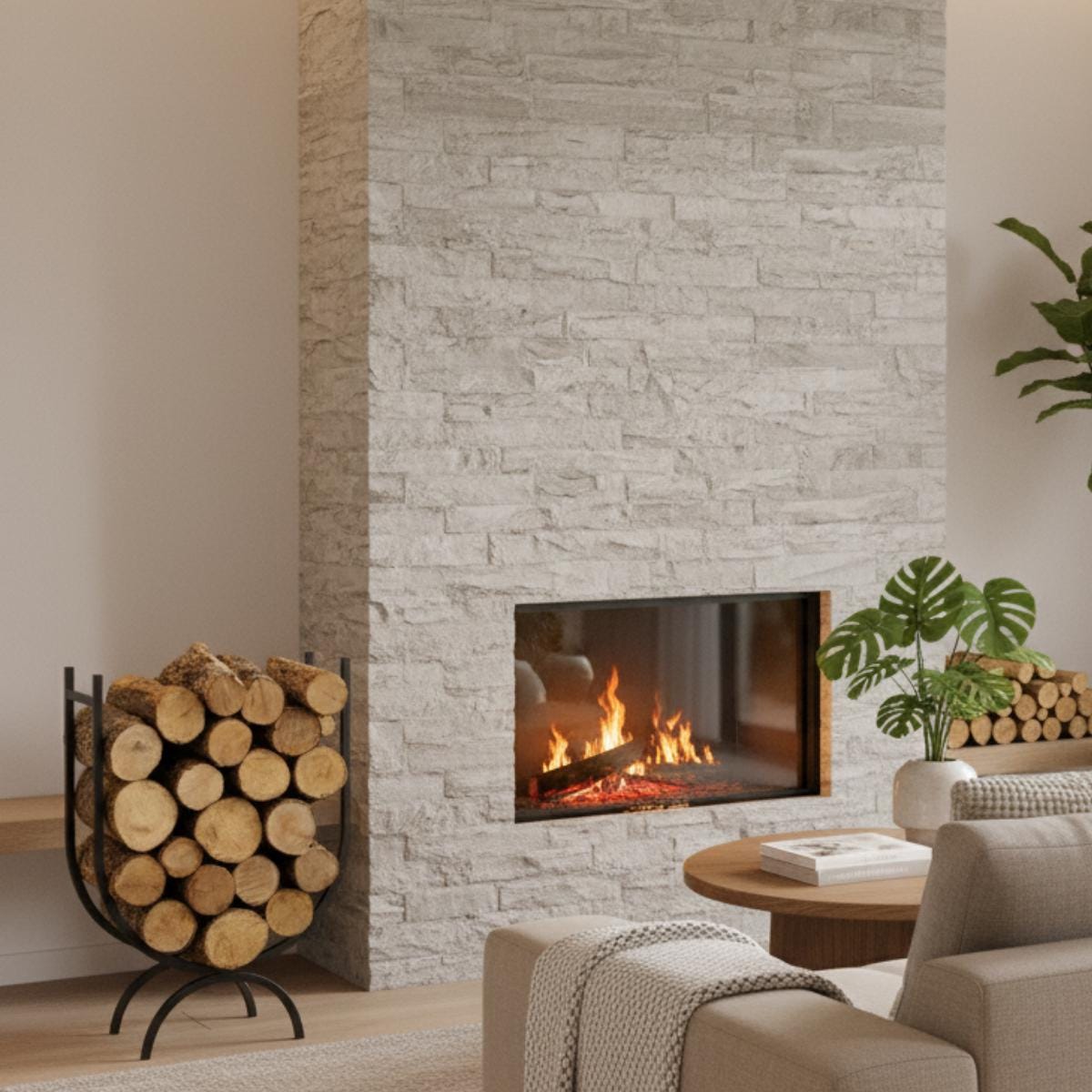 Fireplace firewood rack tall vertical metal holder with stacked logs
