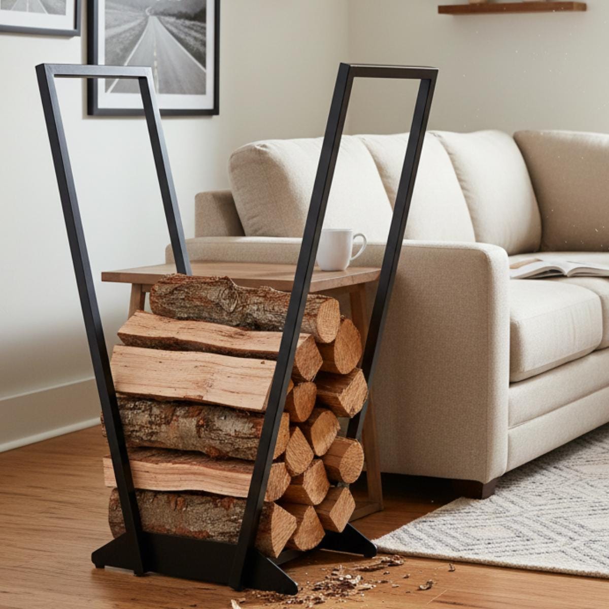 Fireplace firewood storage rack modern black metal log holder