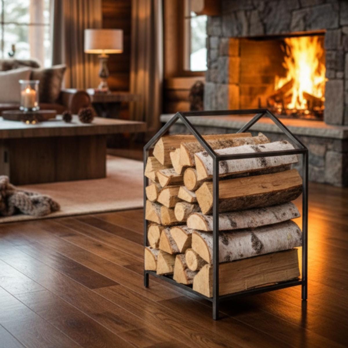 Metal firewood log holder beside fireplace creating cozy home interior with warm ambiance