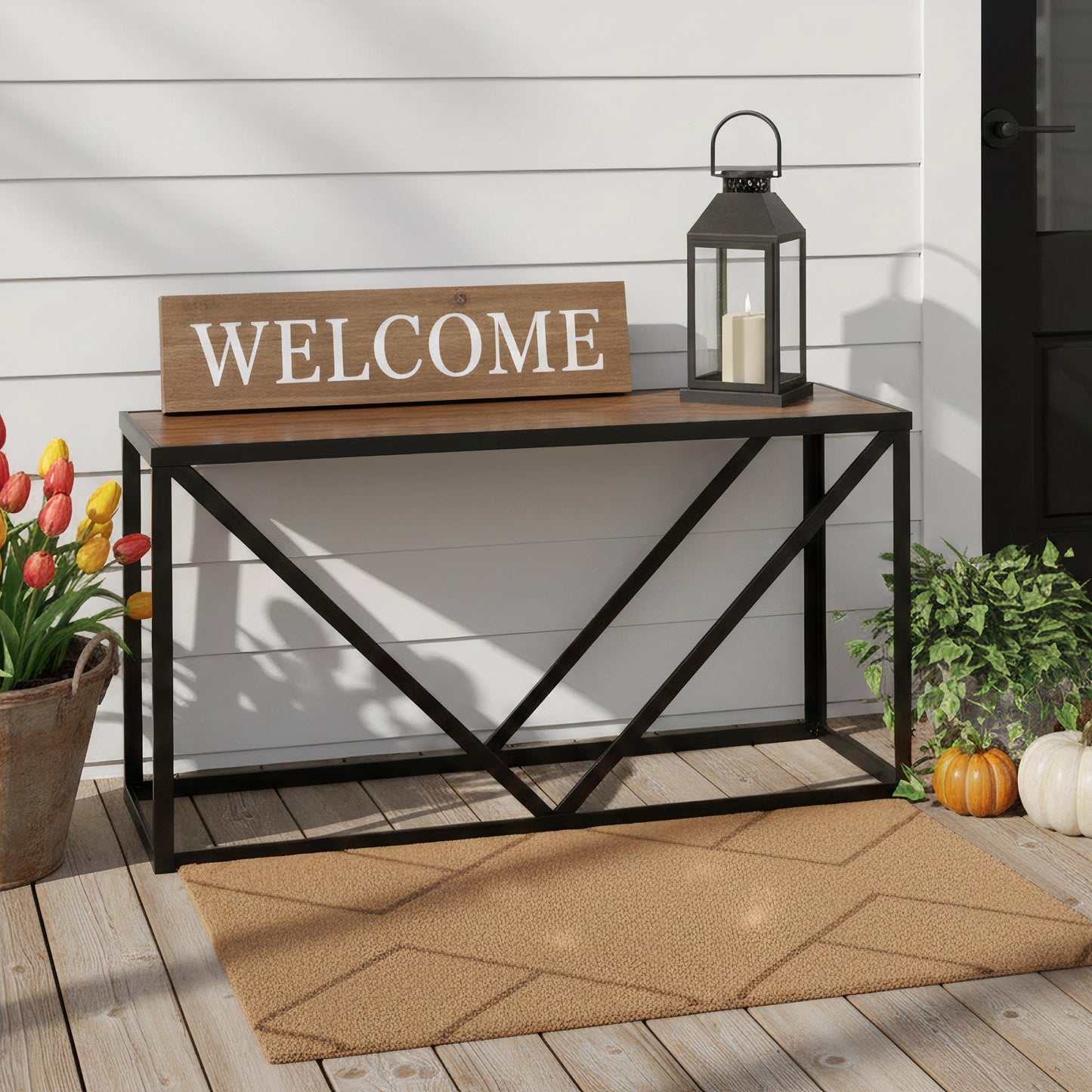 Fireplace log storage console table combining metal structure and wooden surface