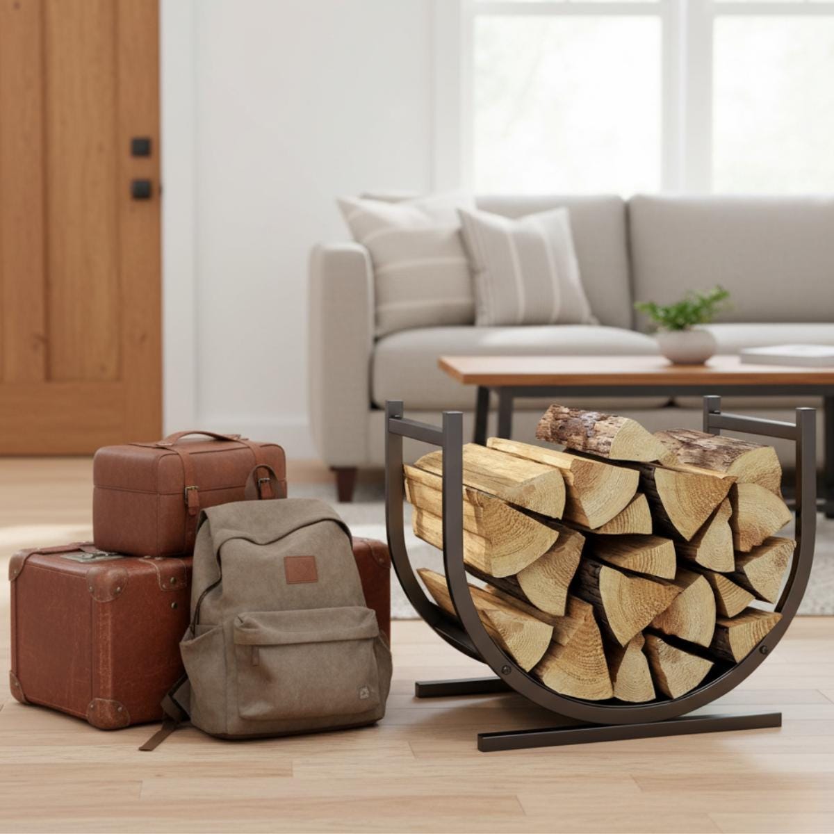 Fireplace log storage rack with vertical metal frame and stacked firewood