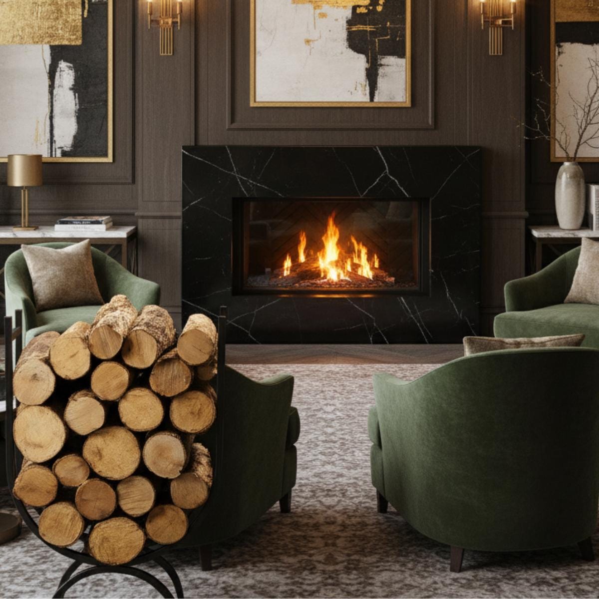 Fireplace log storage rack with vertical metal holder for indoor use