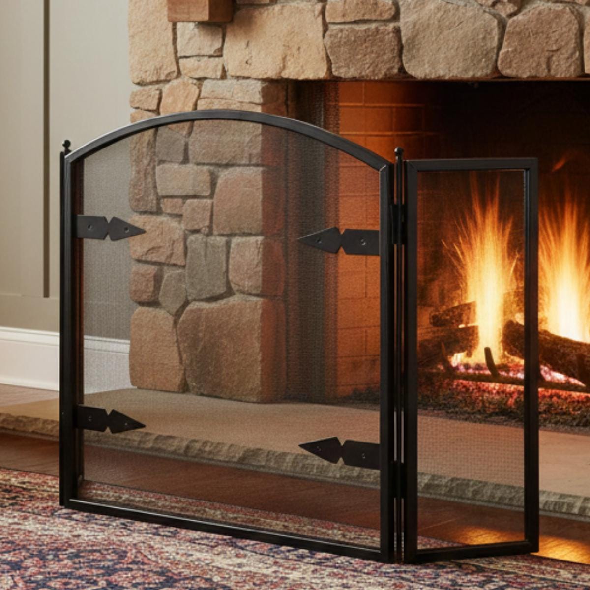 Fireplace screen arched top black metal mesh decorative spark guard