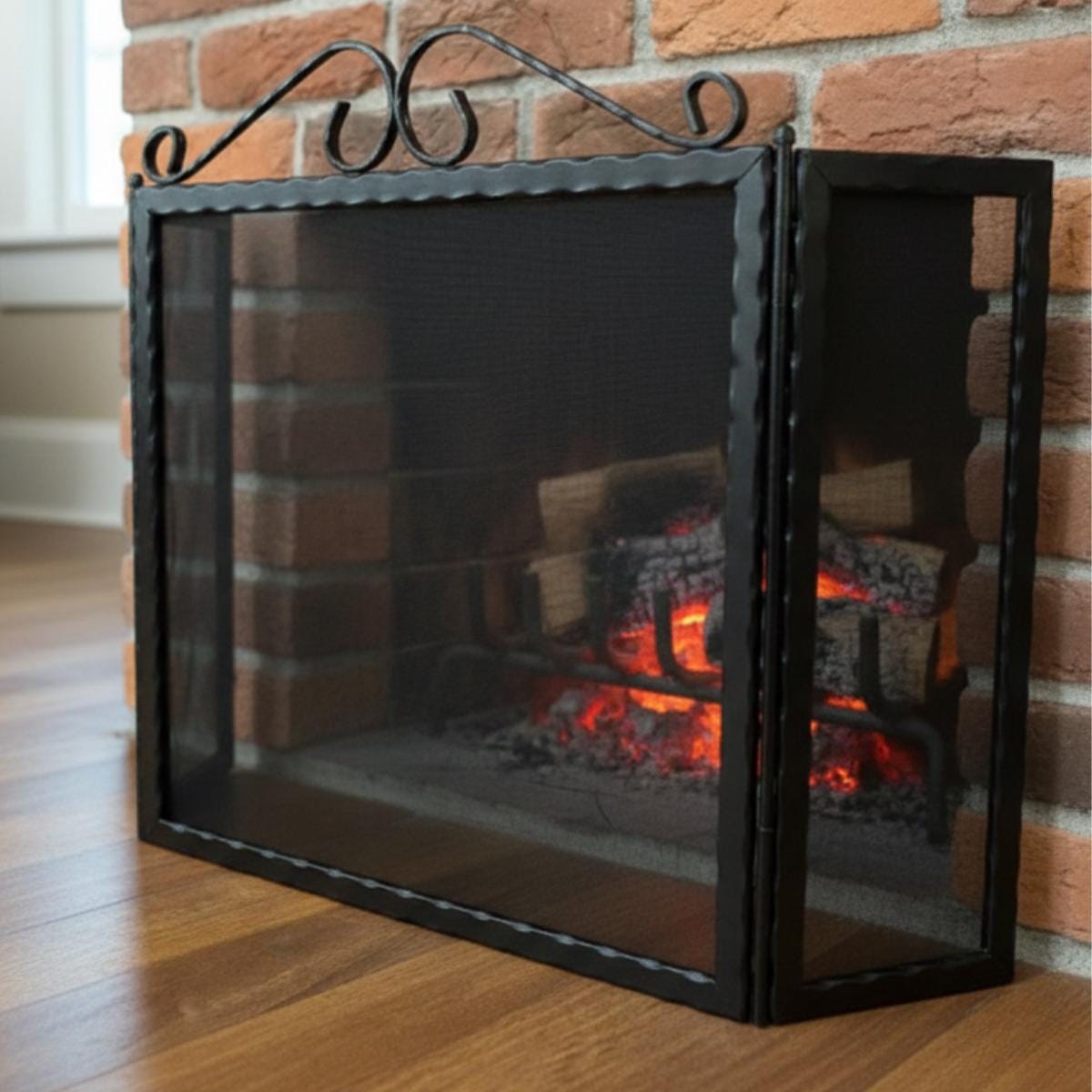 Fireplace screen black metal mesh rectangular spark guard for indoor fireplace