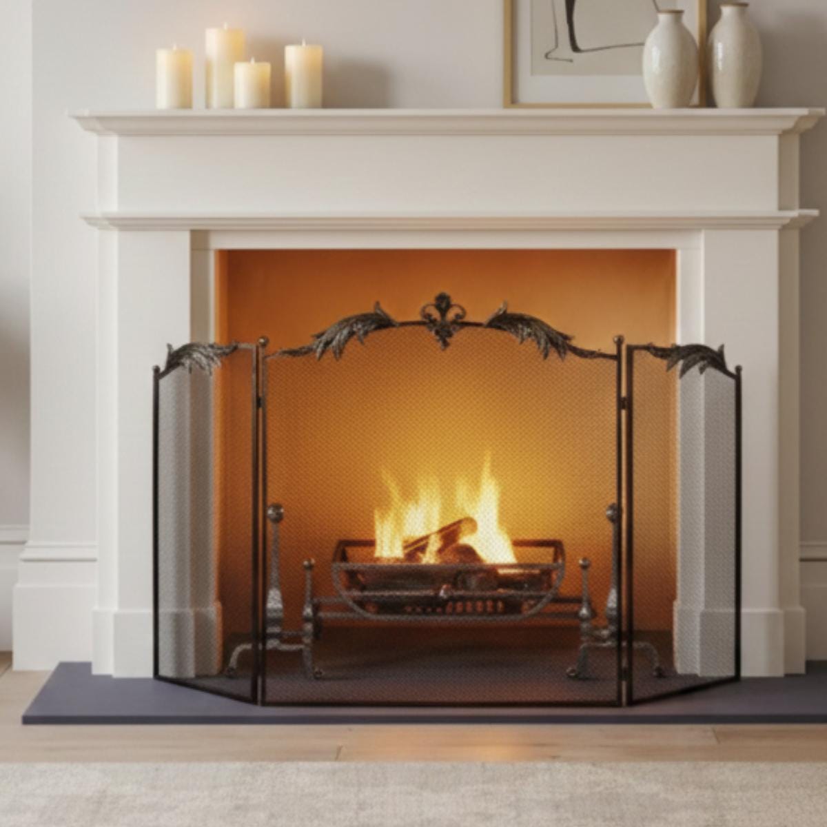 Fireplace screen with decorative top black metal mesh spark guard