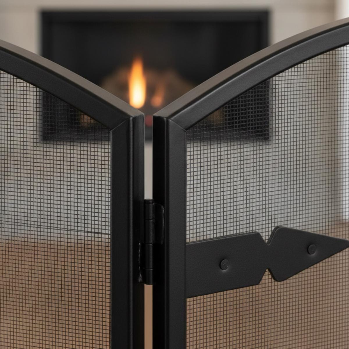 Fireplace spark guard arched black metal mesh protective screen