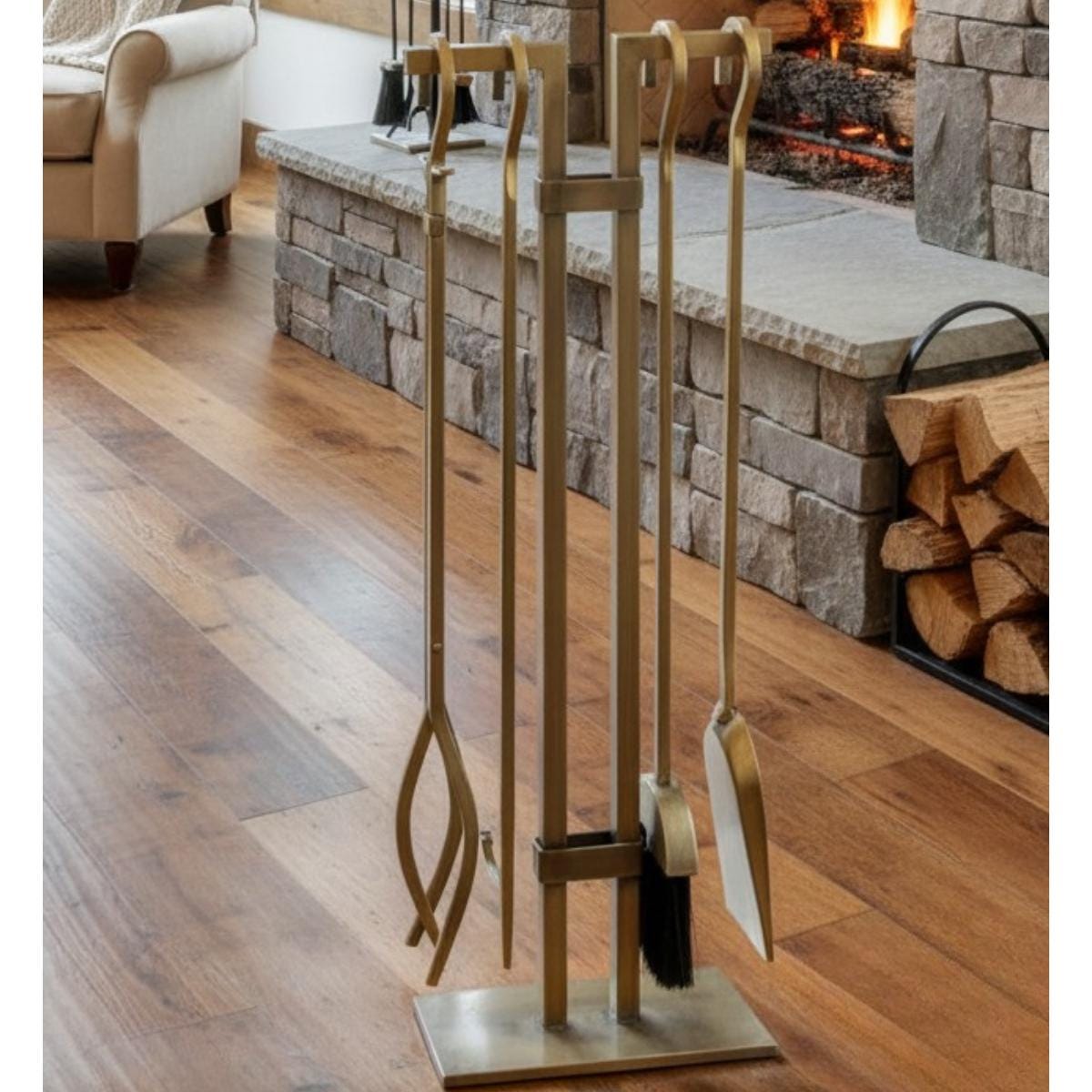 Fireplace tool set brass finish metal stand tools