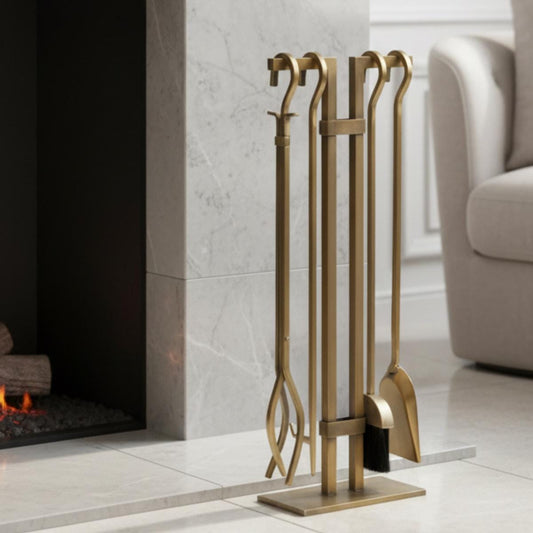 Fireplace tool set brass metal stand with poker brush shovel