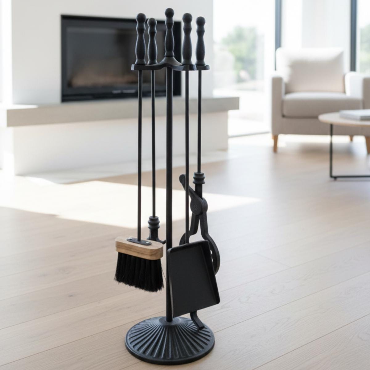 Fireplace tool set metal hearth tools in black finish placed in modern living room