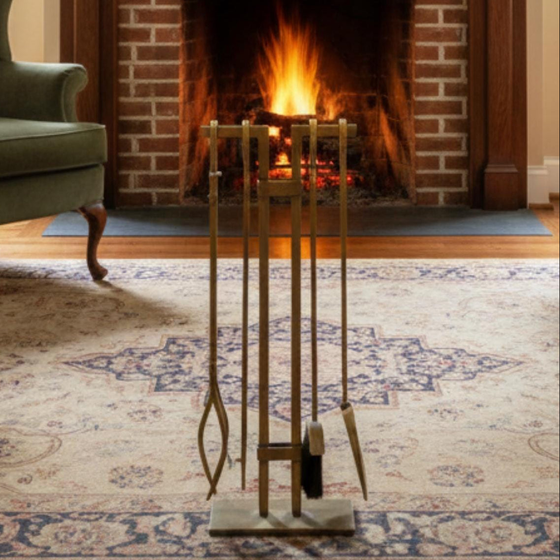 Fireplace tool set metal stand brass finish