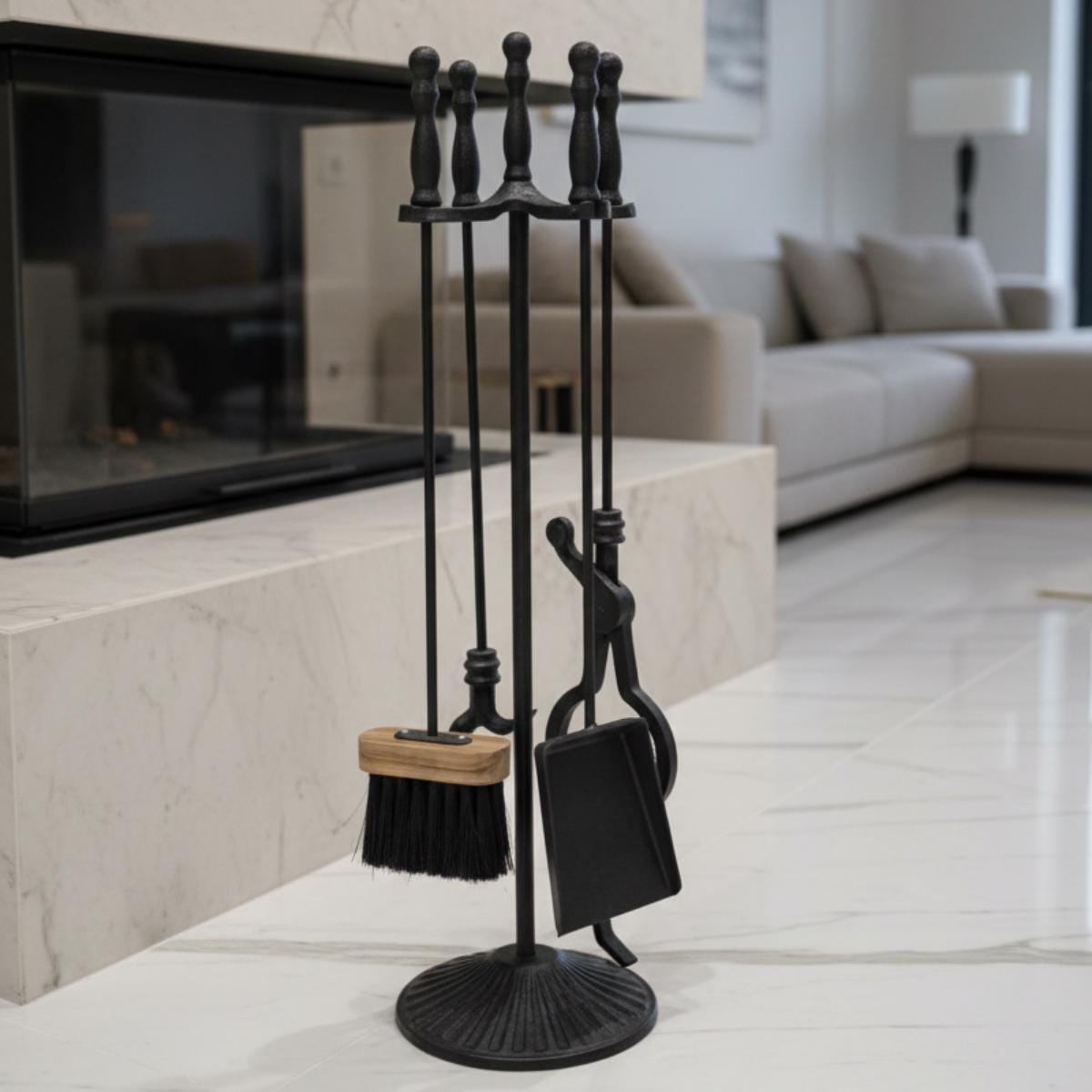 Fireplace tool set stand black metal design in modern home interior