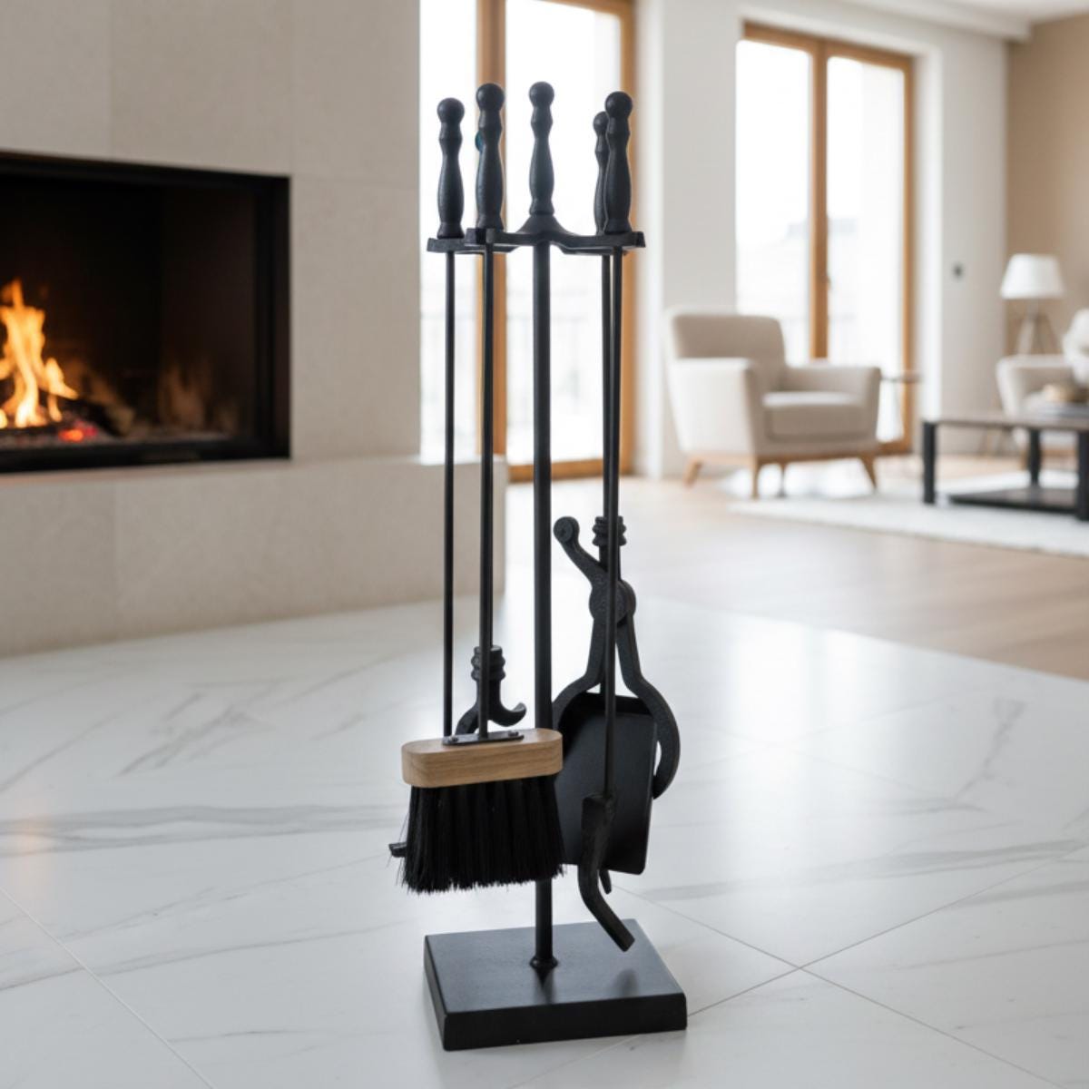 Fireplace tools metal set with stand in modern design for indoor fireplace