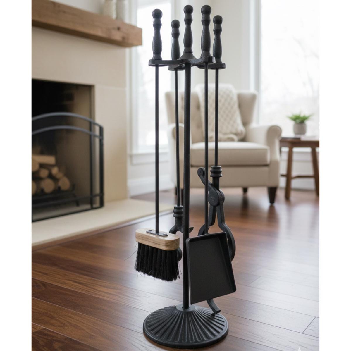Fireplace tools set with stand including poker brush and shovel in metal design