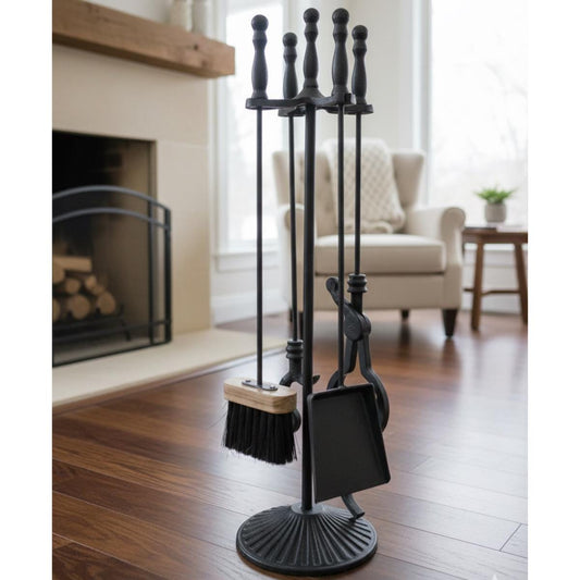 Fireplace tools set with stand including poker brush and shovel in metal design