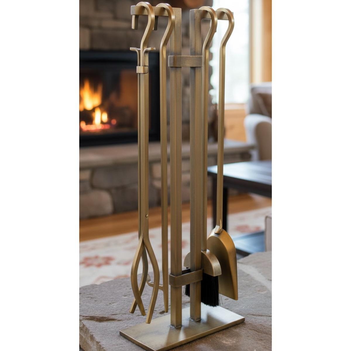 Fireplace tools stand brass metal set with accessories