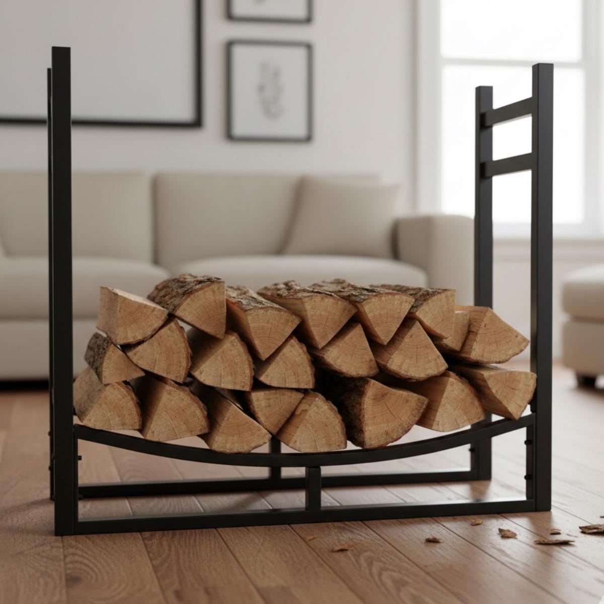 Modern indoor fireplace wood storage rack, sleek log holder for organized firewood