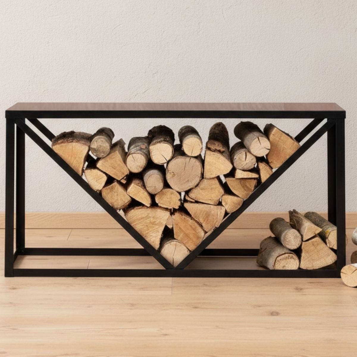 Firewood console table with metal frame and wood top placed in living room setting