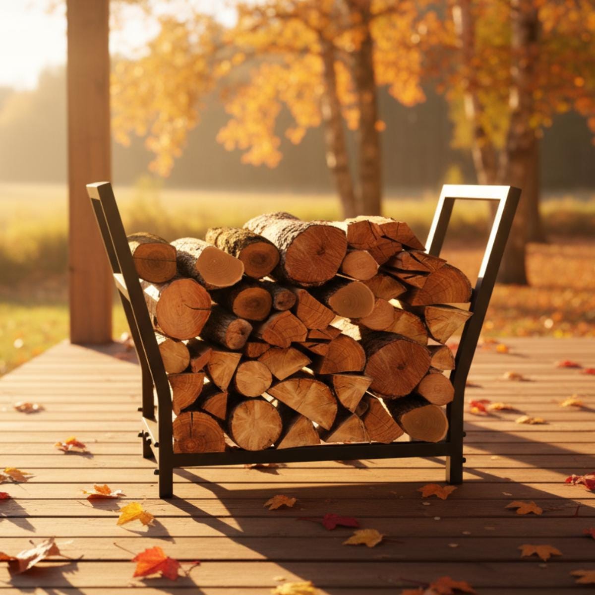 Firewood holder metal rack used for indoor log storage in modern home interior