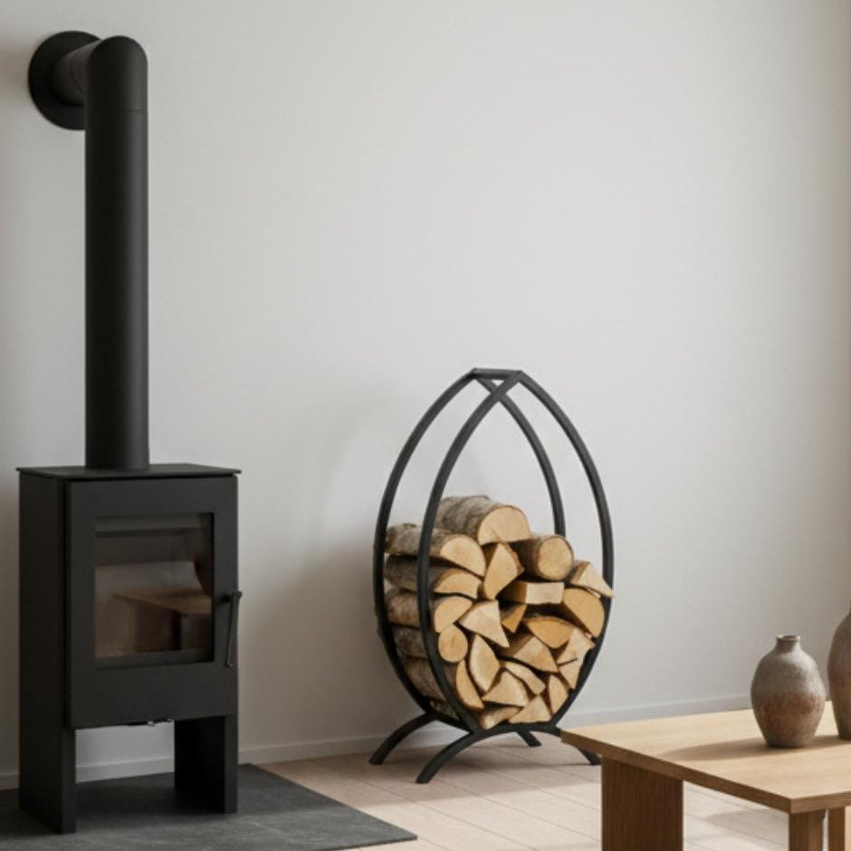 Firewood holder outdoor metal rack used in backyard fire pit area