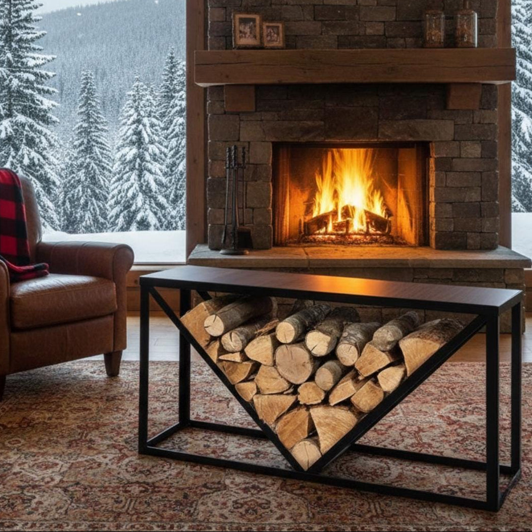 Firewood holder table with metal frame and wood top serving as modern home decor piece