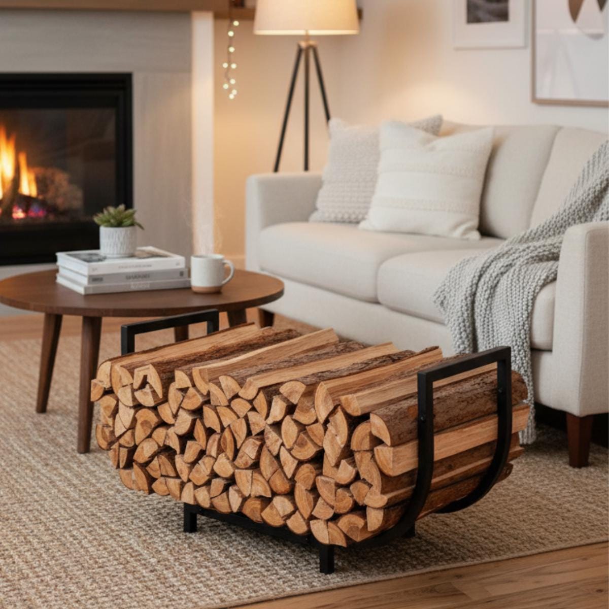 Firewood organizer curved black metal rack for home