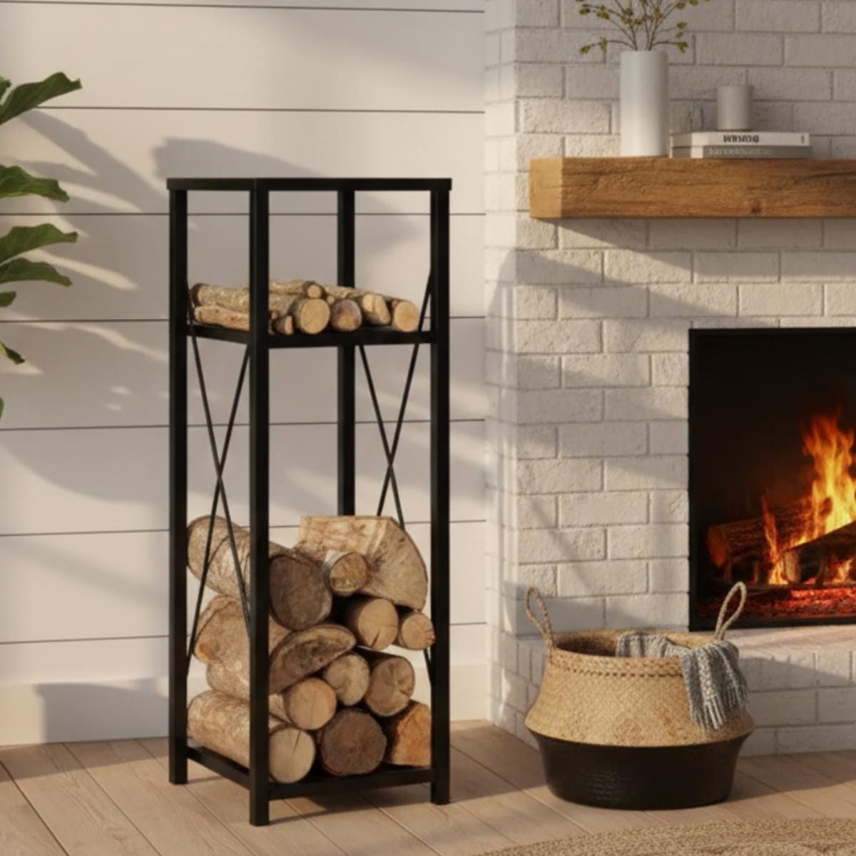Firewood organizer rack tall metal log holder indoor fireplace